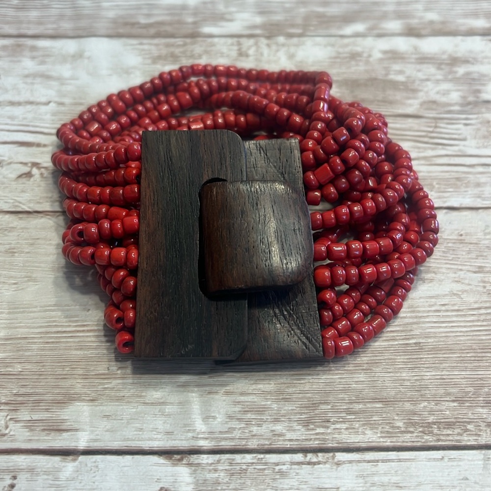 African Handmade Wooden Beaded Bracelet with Red Beads